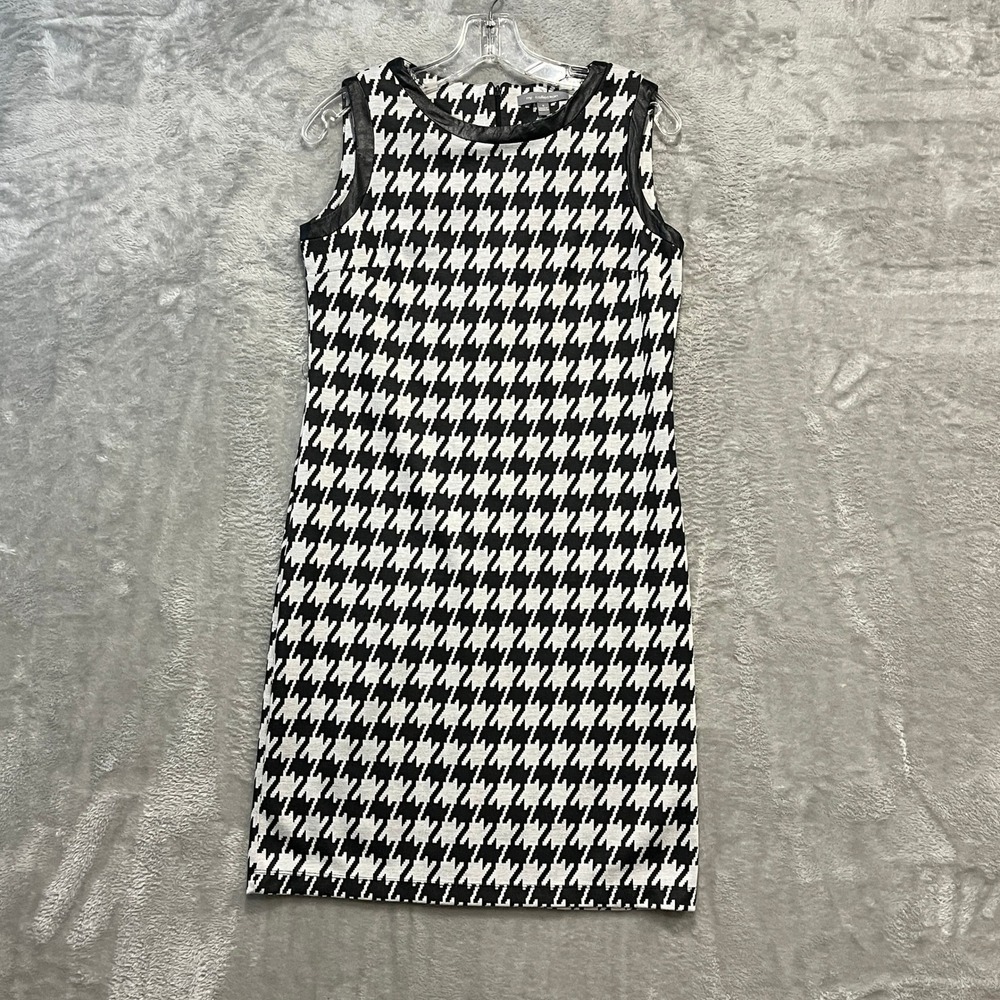 NY Collection Sheath Dress Womens S Black White Houndstooth Faux Leather Trim